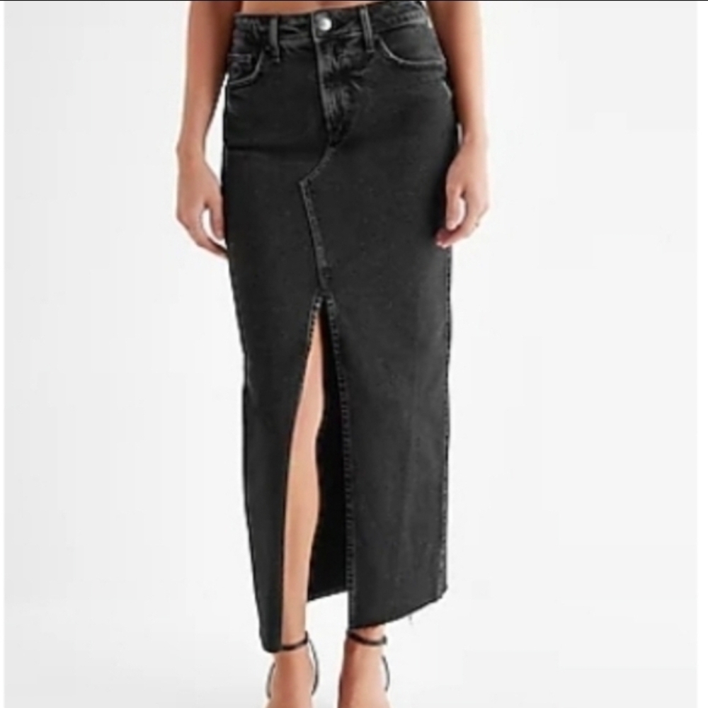 Express Black Denim Maxi Skirt With Front Slit